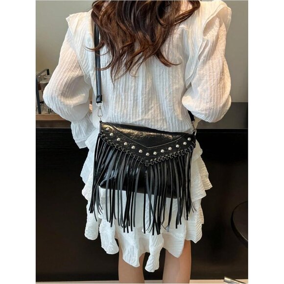 Women's Faux Leather Crossbody Bag Flap Fringe Rivet Y2K Clutch Handbag - Picture 4 of 6